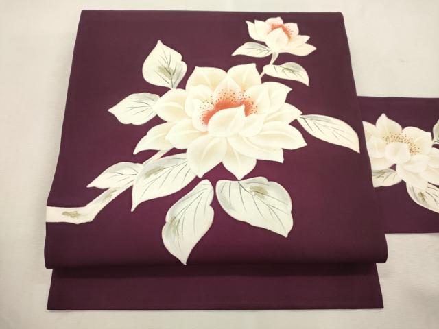 平和屋着物●塩瀬 九寸名古屋帯 手描き 草花文 正絹 逸品 CABJ2032dy