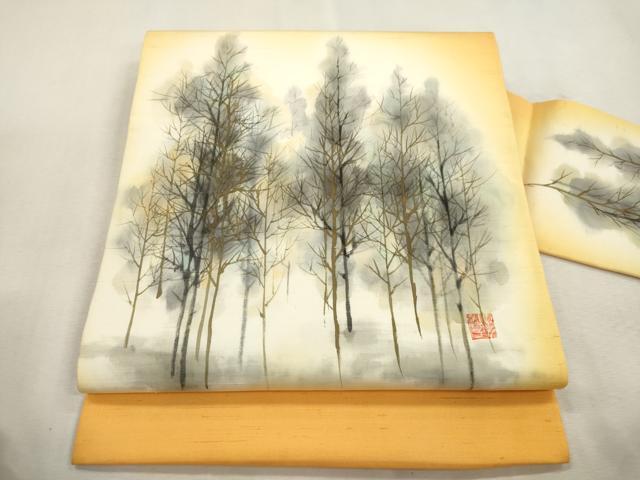 平和屋着物●九寸名古屋帯 作家物 手描き 紬地 樹林文 金彩 正絹 逸品 CABJ2035dy