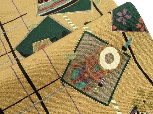 平和屋着物●全通柄九寸名古屋帯 色紙吉祥文 金彩 鬼しぼ縮緬 正絹 逸品 CABJ2036dy