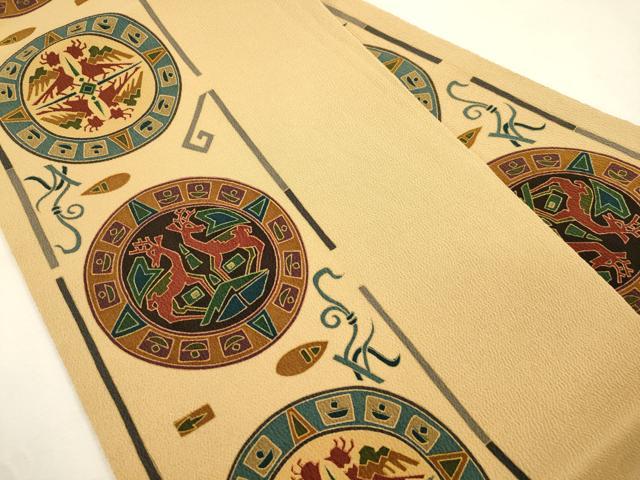 平和屋着物●全通柄九寸名古屋帯 幾何学動物丸文 鬼しぼ縮緬 正絹 逸品 CABJ2042dy