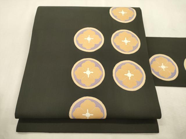 平和屋着物●塩瀬 九寸名古屋帯 刺繍 菱花丸文 黒地 金彩 正絹 逸品 CABJ2047dy