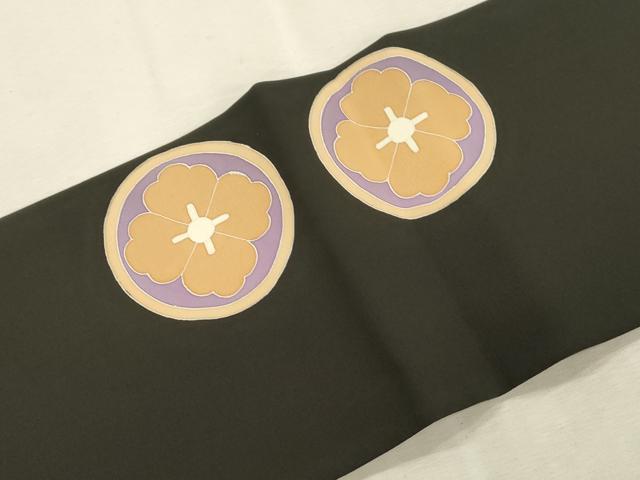 平和屋着物●塩瀬 九寸名古屋帯 刺繍 菱花丸文 黒地 金彩 正絹 逸品 CABJ2047dy