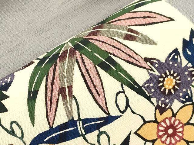平和屋着物●九寸名古屋帯 本場琉球紅型 紬地 草花文 正絹 逸品 CABJ2062dy