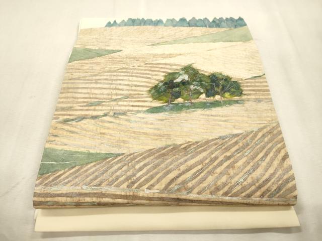 平和屋着物●塩瀬 九寸開き名古屋帯 作家物 和紙 風景文 正絹 逸品 未使用 CABJ2063dy