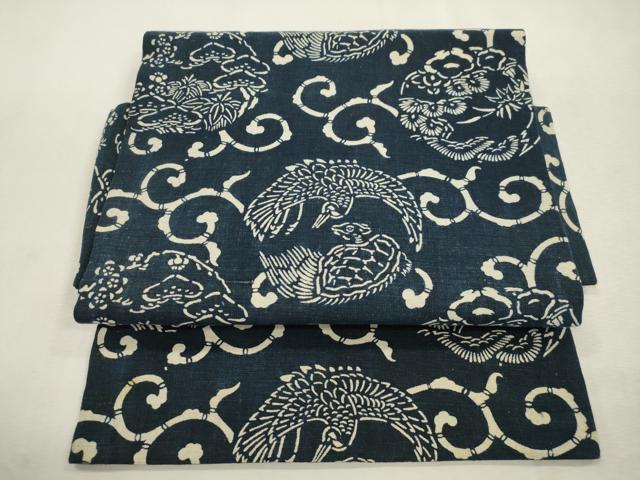 平和屋着物●つけ帯 紬地 藍 型染め 松竹梅飛鶴丸文 正絹 逸品 CABJ2094dy