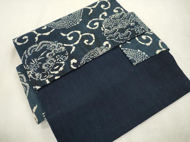平和屋着物●つけ帯 紬地 藍 型染め 松竹梅飛鶴丸文 正絹 逸品 CABJ2094dy