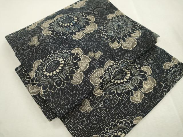 平和屋着物●つけ帯 紬地 藍 型染め 花唐草文 正絹 逸品 CABJ2095dy
