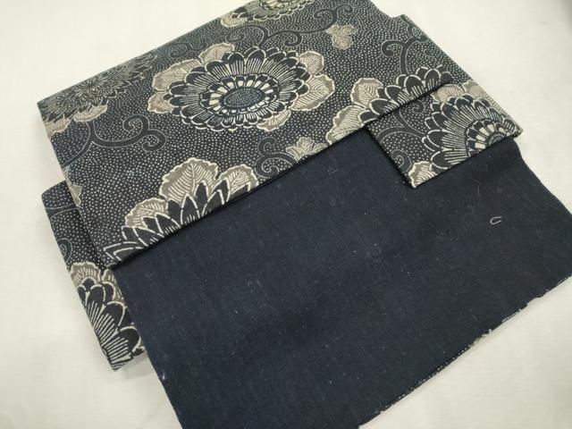 平和屋着物●つけ帯 紬地 藍 型染め 花唐草文 正絹 逸品 CABJ2095dy