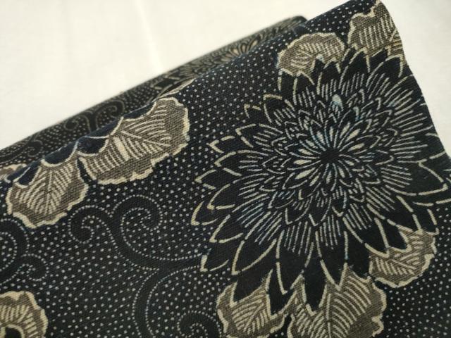平和屋着物●つけ帯 紬地 藍 型染め 花唐草文 正絹 逸品 CABJ2095dy