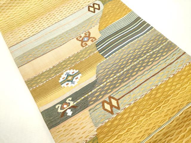 平和屋着物▽太鼓柄 京袋帯 スリーシーズン 春夏秋 すくい織 幾何学文 正絹 逸品 CABJ2108dy