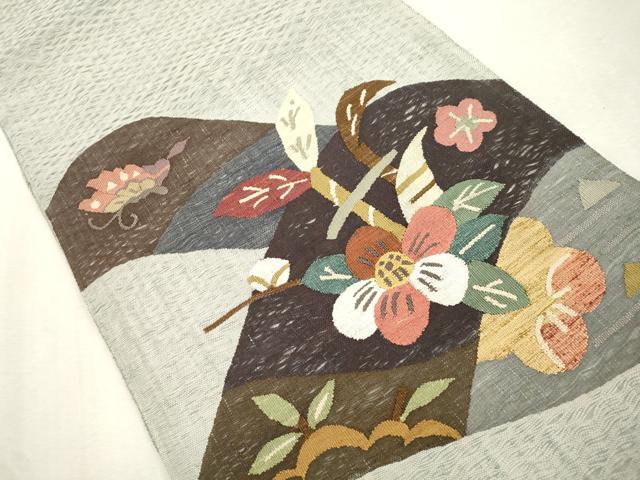 平和屋着物▽太鼓柄袋帯 スリーシーズン 春夏秋 すくい織 花蝶文 正絹 逸品 CABJ2113dy