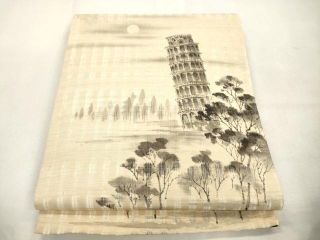 平和屋着物▽六通柄袋帯 スリーシーズン 春夏秋 手描き ピサの斜塔 正絹 逸品 CABJ2116dy