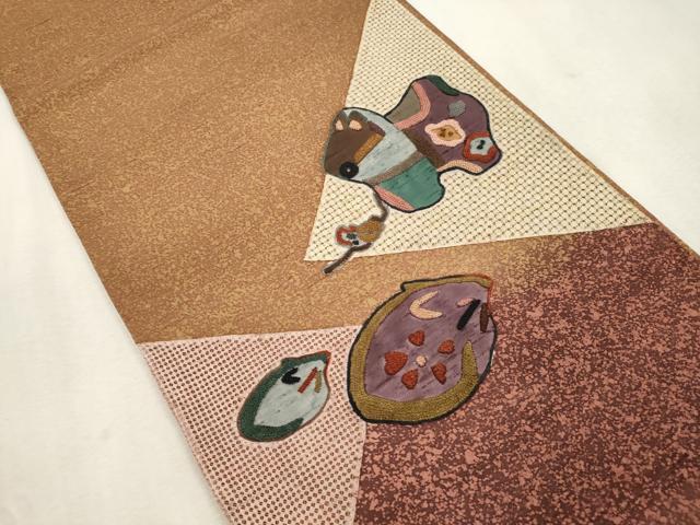平和屋着物●中国三大刺繍 スワトウ刺繍 相良刺繍 総刺繍 太鼓柄袋帯 紬地 動物文 上代35万 正絹 逸品 未使用 CABJ2130dy