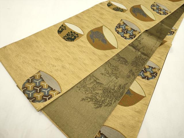 平和屋着物●織斎きたの 両面 六通柄袋帯 陶器文 鳥獣戯画 金糸 正絹 逸品 CABJ2133dy