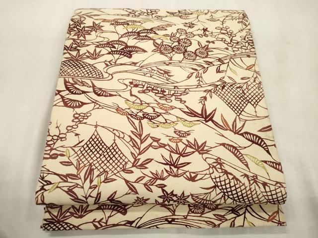 平和屋着物●全通柄九寸開き名古屋帯 紬地 型染め 草花文 正絹 逸品 CABJ2167dy