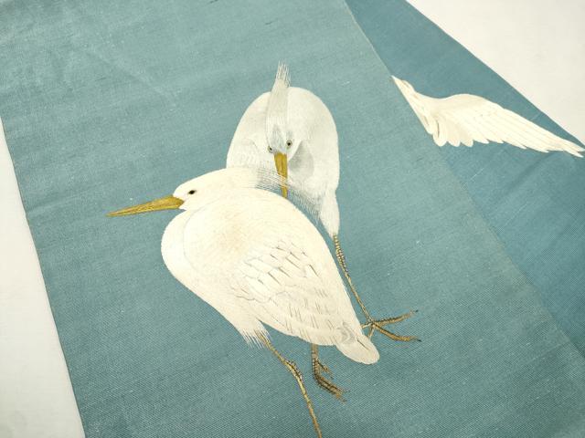 平和屋着物●アンティーク 大正ロマン 九寸名古屋帯 総手刺繍 鷺 正絹 逸品 CABJ2174dy