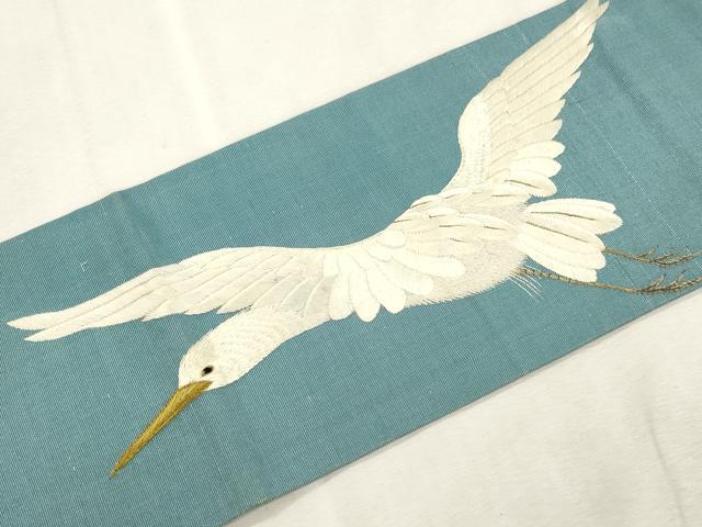平和屋着物●アンティーク 大正ロマン 九寸名古屋帯 総手刺繍 鷺 正絹 逸品 CABJ2174dy
