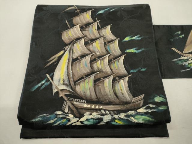 平和屋着物●アンティーク 大正ロマン 九寸名古屋帯 手描き 舟 黒地 正絹 逸品 CABJ2177dy