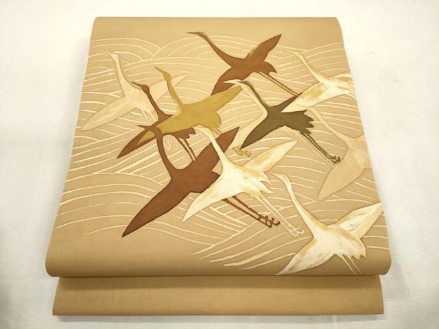 平和屋着物●塩瀬 九寸開き名古屋帯 ろうけつ染め 飛鶴文 金彩 正絹 逸品 CABJ2178dy