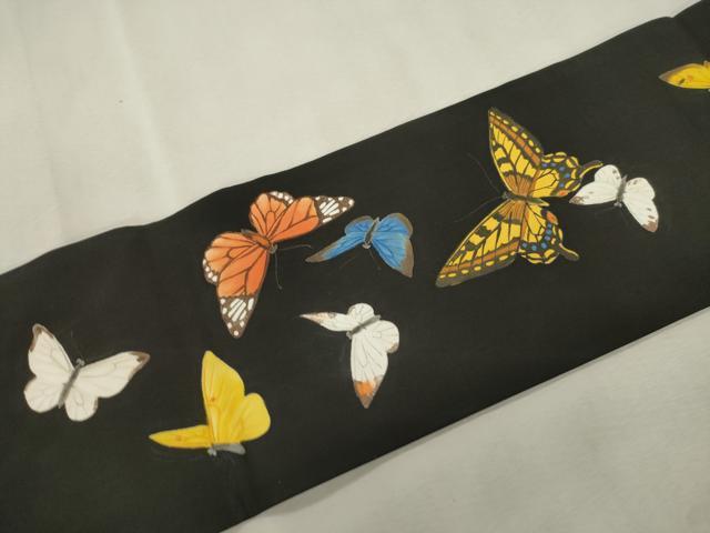 平和屋着物●塩瀬 九寸名古屋帯 手描き 舞蝶文 黒地 正絹 逸品 CABJ2184dy