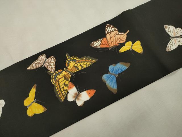 平和屋着物●塩瀬 九寸名古屋帯 手描き 舞蝶文 黒地 正絹 逸品 CABJ2184dy