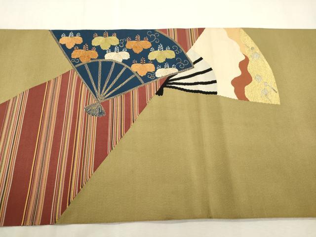 平和屋着物●爪掻き本綴れ 八寸名古屋帯 扇面桐文 金糸 正絹 逸品 CABJ2187dy