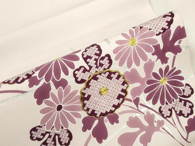 平和屋着物●塩瀬 九寸開き名古屋帯 駒刺繍 草花文 銀彩 正絹 逸品 CABJ2197dy
