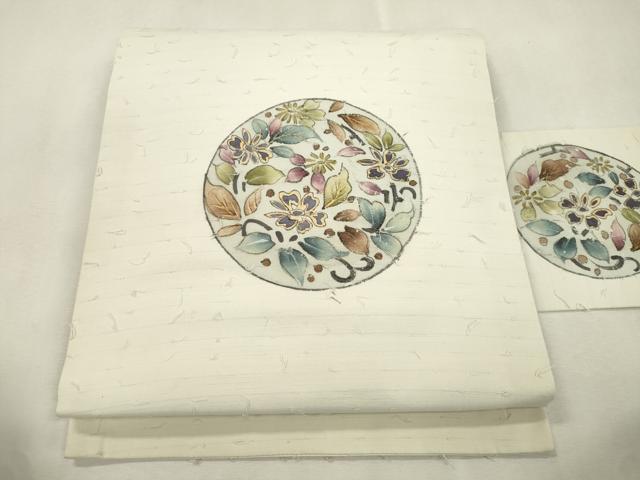 平和屋着物●九寸名古屋帯 手描き 髭紬 草花丸文 金彩 正絹 逸品 CABJ2206dy