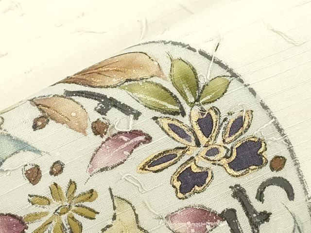 平和屋着物●九寸名古屋帯 手描き 髭紬 草花丸文 金彩 正絹 逸品 CABJ2206dy