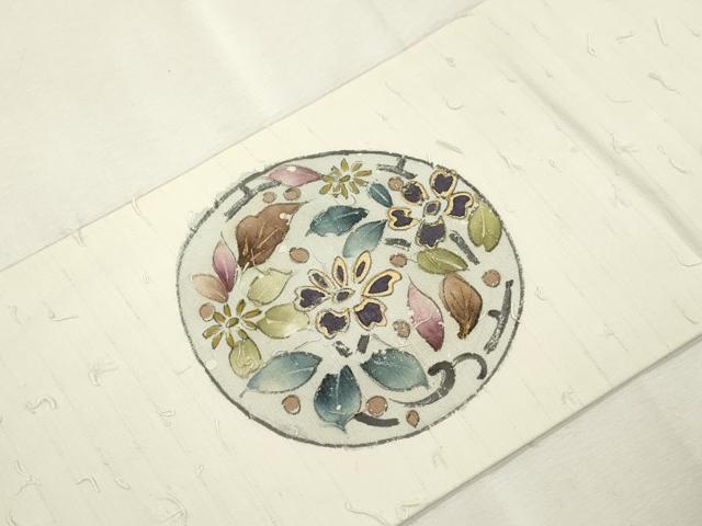 平和屋着物●九寸名古屋帯 手描き 髭紬 草花丸文 金彩 正絹 逸品 CABJ2206dy