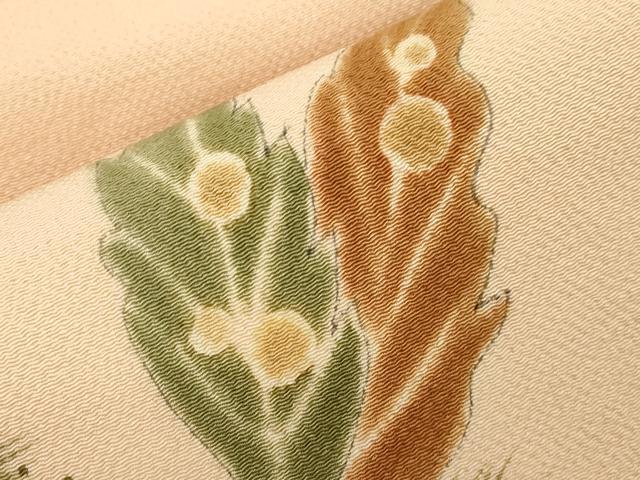 平和屋着物●九寸名古屋帯 手描き 舞葉文 鬼しぼ縮緬 正絹 逸品 CABJ2207dy