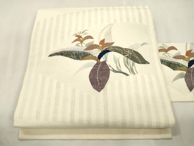 平和屋着物●九寸名古屋帯 紬地 パッチワーク 地紙草花文 正絹 逸品 CABJ2208dy