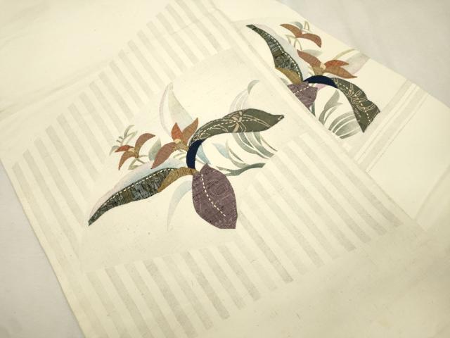 平和屋着物●九寸名古屋帯 紬地 パッチワーク 地紙草花文 正絹 逸品 CABJ2208dy