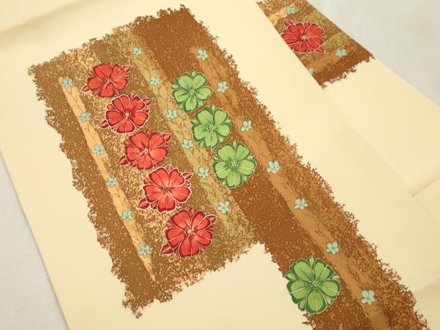 平和屋着物●塩瀬 九寸名古屋帯 ろうけつ染め 舞花文 金彩 正絹 逸品 CABJ2211dy