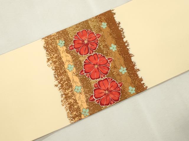 平和屋着物●塩瀬 九寸名古屋帯 ろうけつ染め 舞花文 金彩 正絹 逸品 CABJ2211dy