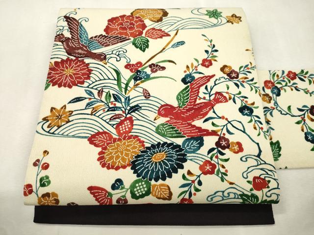 平和屋着物●九寸名古屋帯 型染め 花鳥文 鬼しぼ縮緬 CABJ2213dy