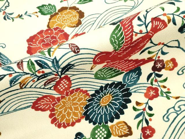 平和屋着物●九寸名古屋帯 型染め 花鳥文 鬼しぼ縮緬 CABJ2213dy