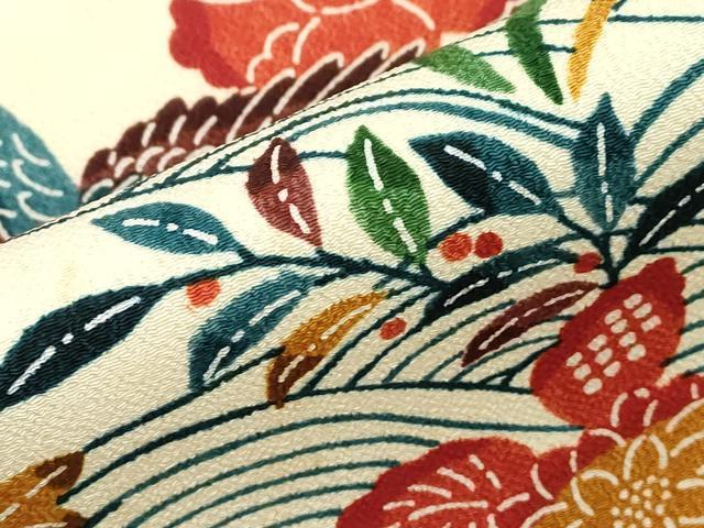 平和屋着物●九寸名古屋帯 型染め 花鳥文 鬼しぼ縮緬 CABJ2213dy