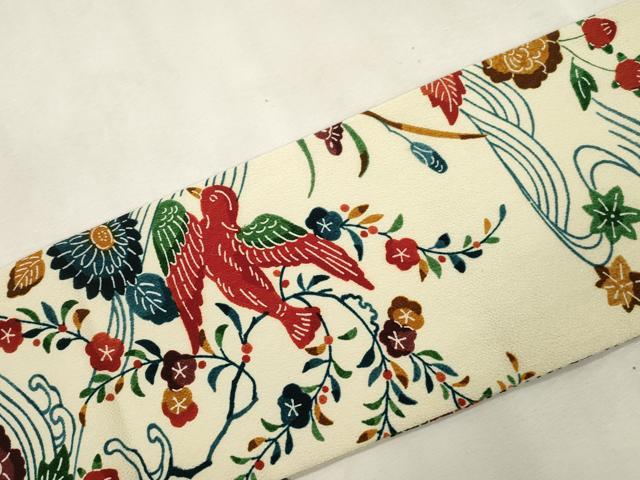 平和屋着物●九寸名古屋帯 型染め 花鳥文 鬼しぼ縮緬 CABJ2213dy