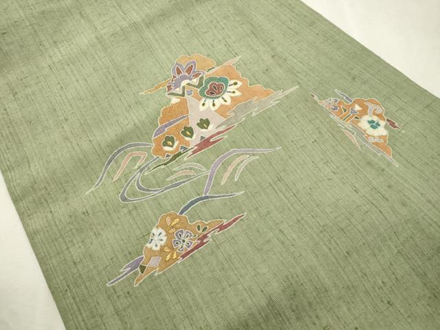 平和屋着物●九寸名古屋帯 紬地 駒刺繍 遠山花文 銀通し地 正絹 逸品 CABJ2214dy