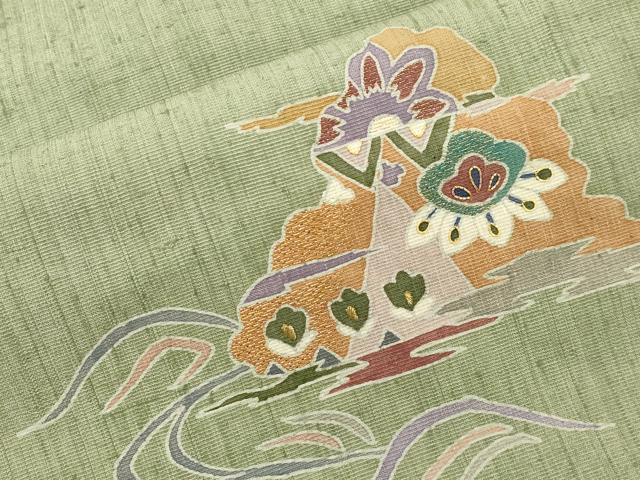 平和屋着物●九寸名古屋帯 紬地 駒刺繍 遠山花文 銀通し地 正絹 逸品 CABJ2214dy