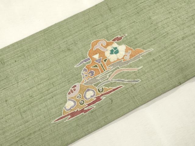 平和屋着物●九寸名古屋帯 紬地 駒刺繍 遠山花文 銀通し地 正絹 逸品 CABJ2214dy