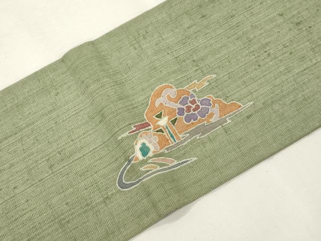 平和屋着物●九寸名古屋帯 紬地 駒刺繍 遠山花文 銀通し地 正絹 逸品 CABJ2214dy