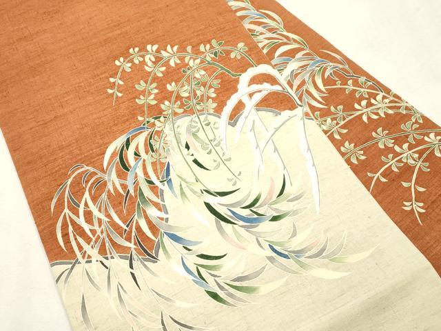 平和屋着物●九寸名古屋帯 紬地 刺繍 草木文 正絹 逸品 CABJ2215dy