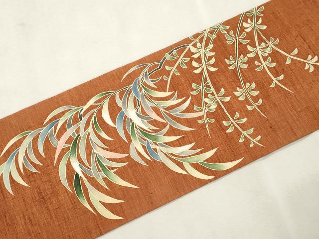 平和屋着物●九寸名古屋帯 紬地 刺繍 草木文 正絹 逸品 CABJ2215dy
