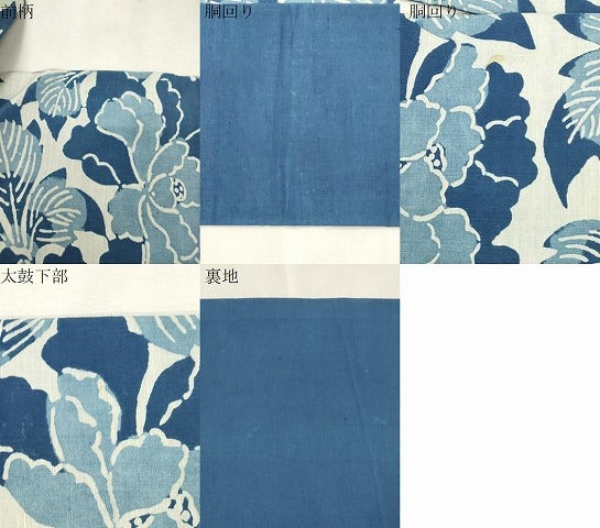 平和屋着物●九寸名古屋帯 紬地 藍 型染め 草花文 正絹 逸品 CABJ2225dy