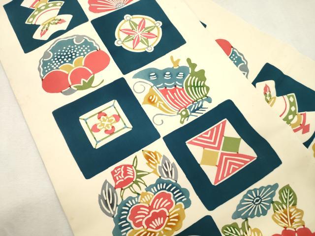平和屋着物●塩瀬 全通柄九寸名古屋帯 型染め 花蝶文 正絹 逸品 CABJ2227dy