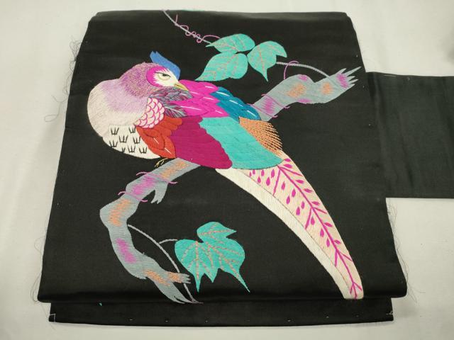 平和屋着物●アンティーク 大正ロマン 九寸名古屋帯 総手刺繍 尾長鳥花文 正絹 逸品 CABJ2228dy