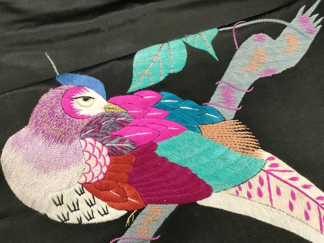 平和屋着物●アンティーク 大正ロマン 九寸名古屋帯 総手刺繍 尾長鳥花文 正絹 逸品 CABJ2228dy