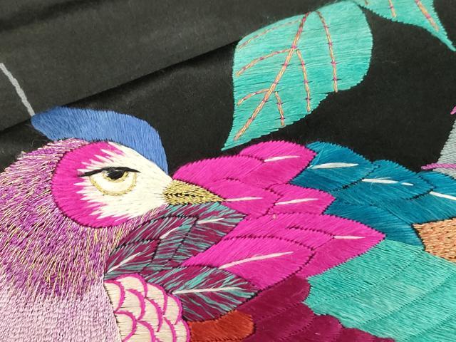 平和屋着物●アンティーク 大正ロマン 九寸名古屋帯 総手刺繍 尾長鳥花文 正絹 逸品 CABJ2228dy